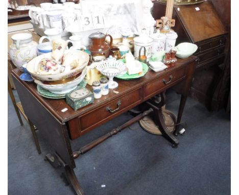 A REPRODUCTION WALNUT BUREAU of small proportions, a 1930's limed oak standard lamp and a reproduction mahogany sofa table (3