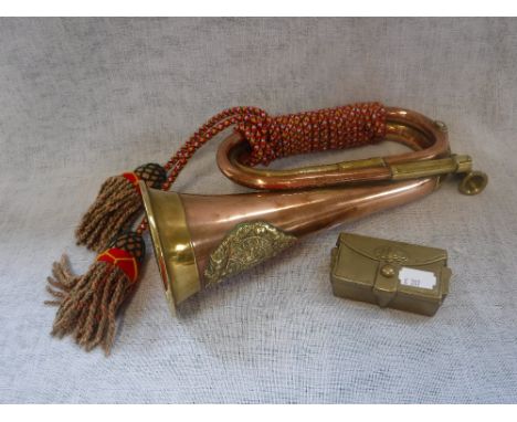 A COPPER AND BRASS BUGLE with Argyle and 'Southerland' badge and a brass snuff box
