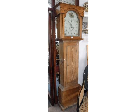 A 19TH CENTURY STRIPPED PINE CASED EIGHT DAY LONGCASE CLOCK with painted dial