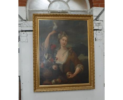 DUTCH SCHOOL: A large portrait of a woman with a bird of paradise and fruit, oil on canvas