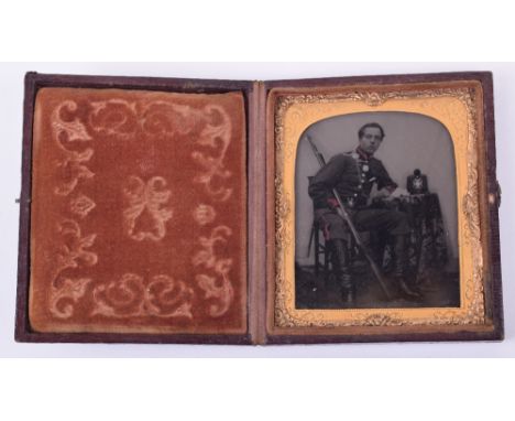 1860’s Daguerreotype Photograph of a British Rifle Volunteer Officer, seated holding 1853 pattern Enfield rifle, black cross 