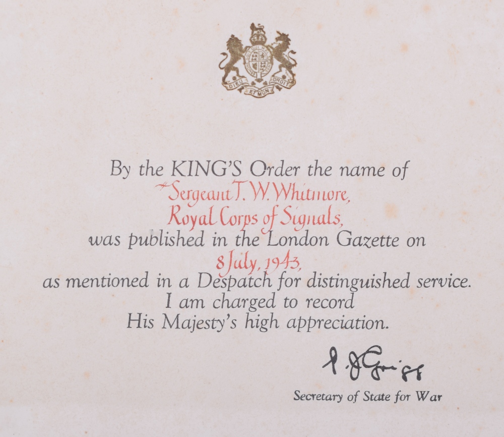 2x WW2 Mentioned in Despatches Certificates for T W Whitmore Royal ...