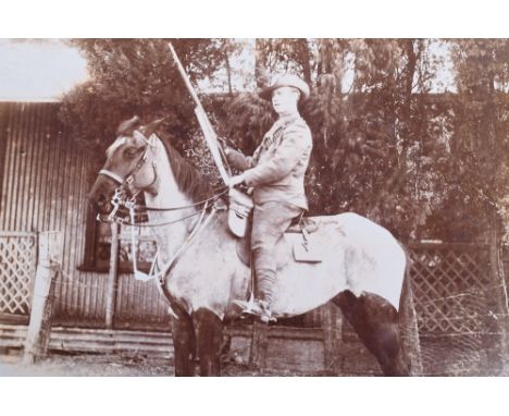 Mixed Selection of Military Photographs. Sepia photo (c.7” x 9”) Boer-war era mounted cavalryman; Photo (c.5.5” x 8”) Boer-wa