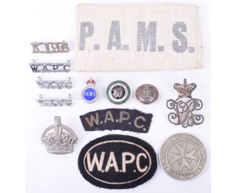  Police Auxiliary Messengers (P.A.M.S.) Arm Band & Lapel Badge, Woman’s Auxiliary police corps (W.A.P.C) cloth shoulder title