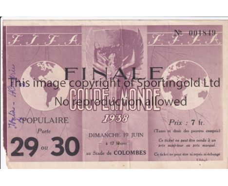 1938 FIFA WORLD CUP FINAL       Hungary v Italy played 19 June 1938 at Stade Olympique de Colombes, Paris. Very scarce origin