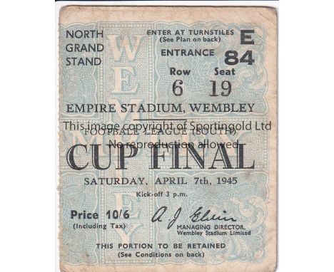 1945 CUP FINAL  Match ticket, 1945 Football League South War Cup Final at Wembley, Grand Stand Seat, slight marks.  Fair-gene