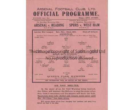 ARSENAL     Home programme v QPR 22/111941. light folds, 2 small holes on left side.    Generally good