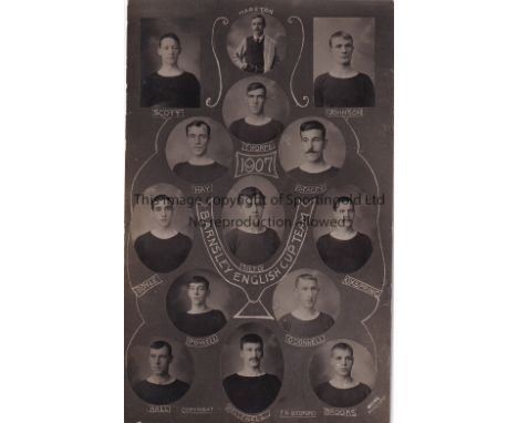 BARNSLEY      1907 Black and White Player Portrait Postcard issued by Irving titled “ Barnsley English Cup Team “.    General