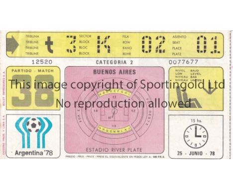 WORLD CUP FINAL 1978 TICKET    Argentina v Holland in Buenos Aires World Cup Final 25/6/1978. Match number 38. Team names on 