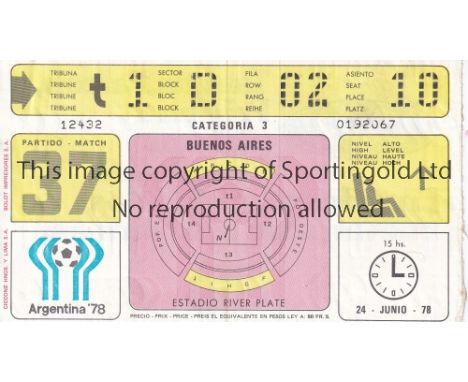 WORLD CUP 1978 TICKET   Brazil v Italy in Buenos Aires World Cup 3rd/4th Place Final 24/6/1978. Match number 37.Team names on