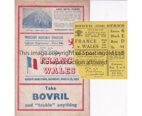 WALES V FRANCE 1950 RUGBY UNION     Programme and ticket for the Test match in Cardiff Arms Park. 25/3/50. Programme is sligh