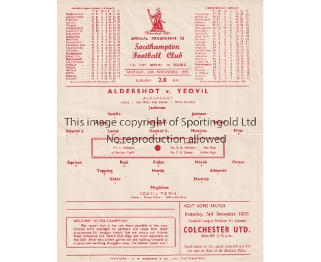 YEOVIL / ALDERSHOT / SOUTHAMPTON    Single sheet programme Aldershot v Yeovil FA Cup 2nd Replay at the Dell 28/11/1955. Light