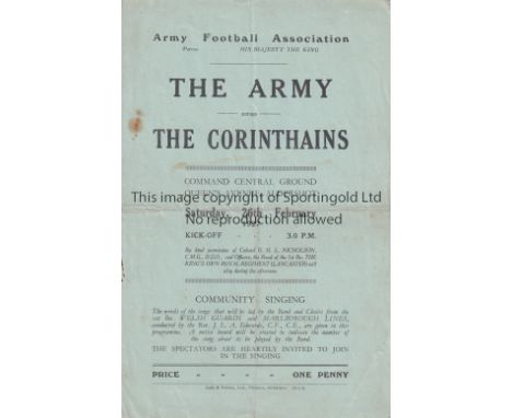 THE ARMY V THE CORINTHIANS 1927    Programme for the match at Command Central Ground, Aldershot 26/2/1927 which includes comm