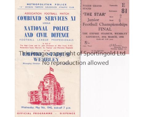 WARTIME FOOTBALL AT WEMBLEY        Programme for Combined Services XI v National Police and Civil Defence 9/5/1945, horizonta