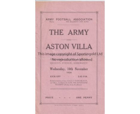 1926 ASTON VILLA    The Army v Aston Villa (Friendly). 4-page official programme published by the Army FA for the friendly pl