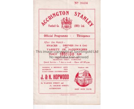 ACCRINGTON   Programme Accrington Stanley v Creswell Colliery FA Cup 1st Round 20/11/1954. Very light vertical fold. No writi