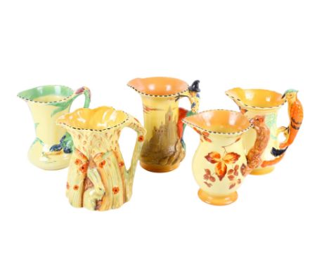 A collection of five assorted mid-century Burleigh Ware Art Deco jugs. All with decorative handles. Max. H18cm