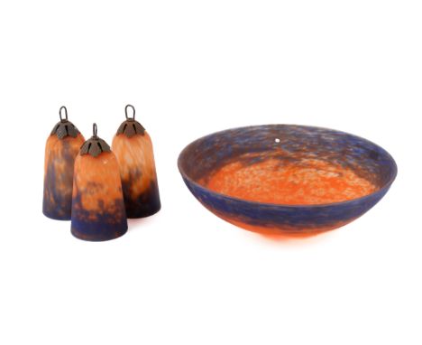 An Art Deco Muller Frères, Luneville signed mottled glass ceiling shade set. Including a large dish shaped shade, diameter 35