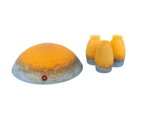 A Muller Frères, Luneville Art Deco mottled glass ceiling shade set. Including a large dish shaped shade and three lamp shade
