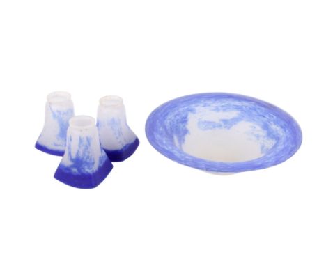 An Art Deco Muller Frères, Luneville style set of four mottled blue glass light shades. Including a large blue bowl shaped sh