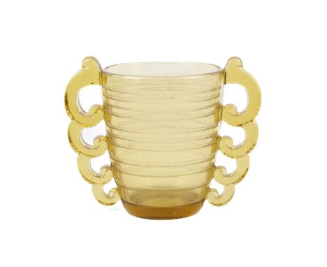 An Art Deco banded 'glue chip' amber glass twin handle vase. Possibly designed by Pierre d'Avesn for Daum Freres, etched 'Fra