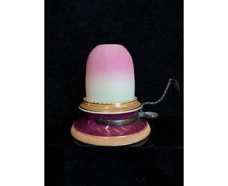 Thomas Webb - A Burmese glass night light shade on a Clarke's Fairy Light pottery base with rare metal Chamberstick fitment, 