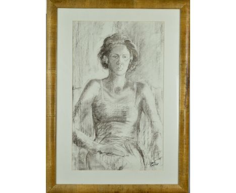 BRITISH COMTEMPORARY, indistinctly signed, half length portrait of a woman seated, wearing vest top, monochrome mixed media, 