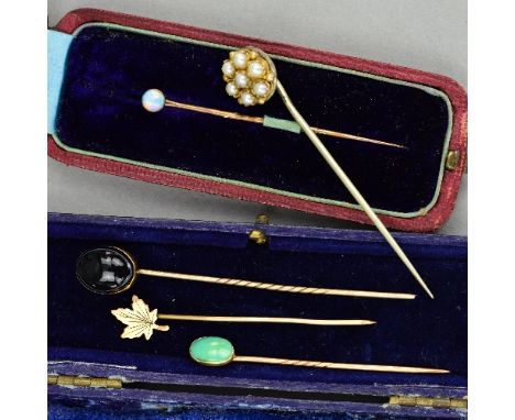 FIVE STICK PINS, to include fire opal, seed pearl, etc