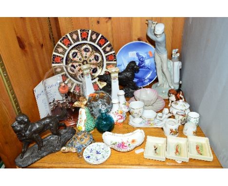 A SELECTION OF CERAMIC AND GLASS ETC, to include a Royal Crown Derby 1128 Imari plate, a Lladro golfer figure 4824 (club brok