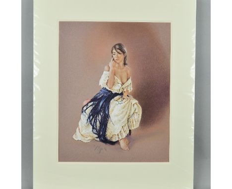 KAY BOYCE (BRITISH CONTEMPORARY), 'Midnight Blue', A Limited Edition print, 28/95, of a lady in a white dress and a blue shaw