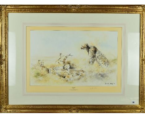 DAVID KELLY (MALAWI 1959) 'Silent Vigil' a limited edition print 87/850 of a family of cheetahs, signed and numbered in penci