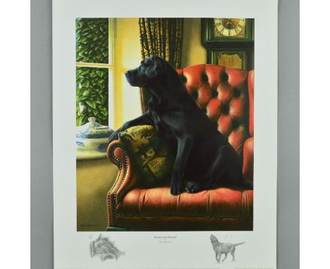 NIGEL HEMMING (BRITISH 1957), 'Homeward Bound', A Limited Edition print, 58/300, of a Black Labrador sitting on a leather cha