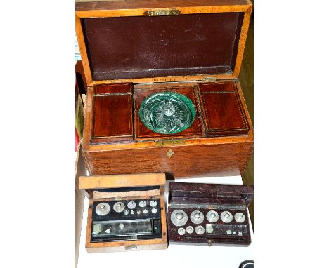 AN OAK TEA CADDY, with fitted interior (faded top), approximate length 30cm, together with two cased sets of gram weights (3)