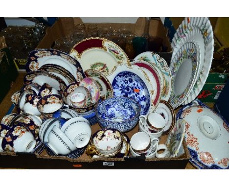 TWO BOXES AND LOOSE GLASS AND CERAMICS, to include Royal Albert Crown China tea wares, 'Dorothy Vernon' New Chelsea tea wares