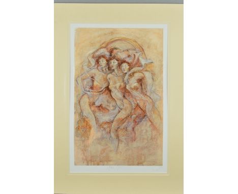 JOY KIRTON-SMITH (BRITISH CONTEMPORARY), 'Three Muses', A Limited Edition print, 138/295, of three woman in flowing dresses, 