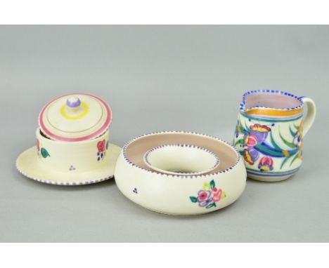 THREE PIECES POOLE POTTERY, to include covered preserve dish, crocus ring and a jug (3)