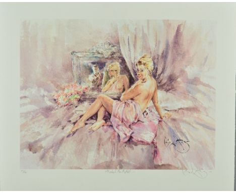 GORDON KING (BRITISH 1939), 'Model To Artist', A Limited Edition print, 22/60, of a scantily clad lady on a bed with the arti