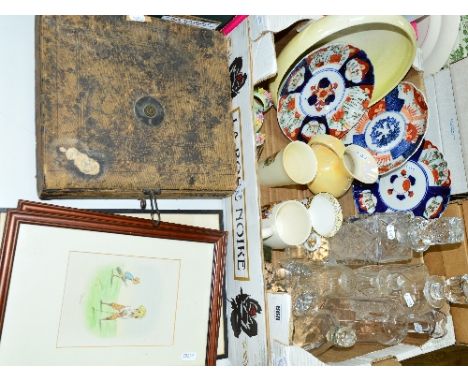 A BOX AND LOOSE CERAMICS, GLASS, PICTURES, WRITING SLOPE, etc, to include a pair of R Rawlings watercolours, Imari plates, Cr