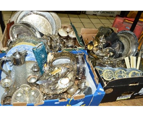 THREE BOXES OF PLATED WARES, CUTLERY, etc, to include entree dish, trays, cruets, tea service, ceramic jug and plate etc