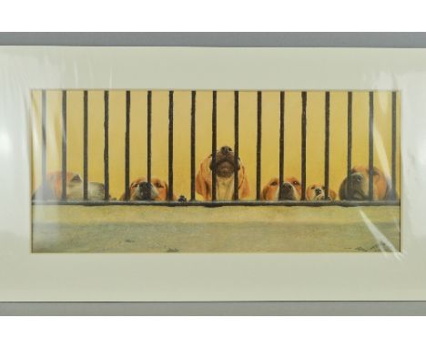 JOHN SILVER (BRITISH CONTEMPORARY), 'Jailhouse Rock', A Limited Edition print, 4/395, of Dogs behind bars, signed and numbere