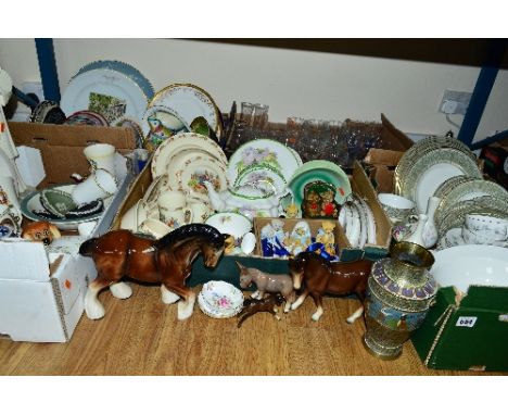 SIX BOXES AND LOOSE CERAMICS, BRASS, CUT GLASS ETC, to include Royal Doulton 'Glamis Thistle' teapot and five plates, 'Kimber