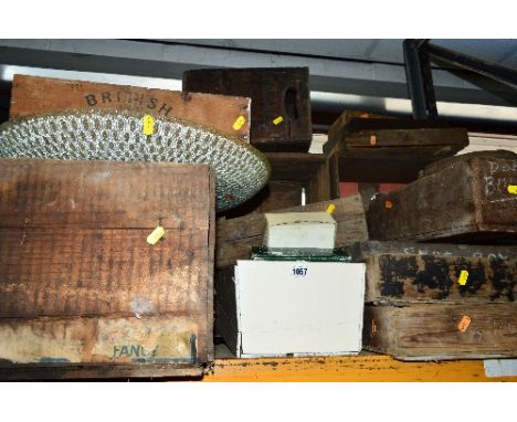 A QUANTITY OF VINTAGE WOODEN FRUIT AND BOTTLE TRAYS, a light fitting and snooker balls