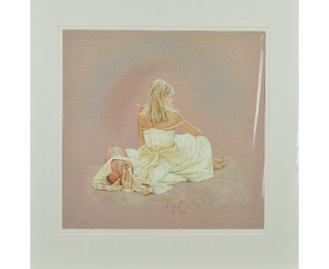 KAY BOYCE (BRITISH CONTEMPORARY), 'Elegance', A Limited Edition print, 96/295, of a woman dressed in white sitting on the flo