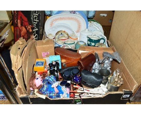 THREE BOXES OF SUNDRY ITEMS, to include Wade spirit barrels, the 'Perfectus' bowler hat, cutlery, Crown Derby trinket boxes, 