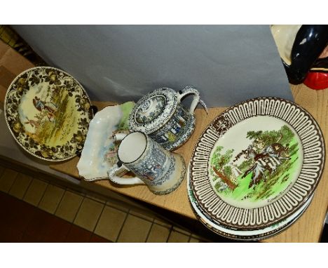 EIGHT PIECES OF ROYAL DOULTON SERIES WARE, four pieces from 'Old Moreton' Collection D3858, a teapot, a stein and two plates 