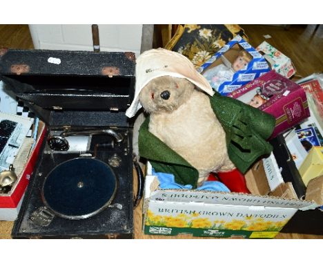 A BOX AND LOOSE SUNDRY ITEMS, to include a Decca crescendo portable gramophone, boxed porcelain collectors dolls, papier mach