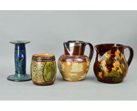 A GROUP OF FOUR ROYAL DOULTON ITEMS, to include a Saltglazed jug with applied tavern scenes with silver hallmarked rim, impre