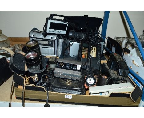 A BOX OF VINTAGE CAMERAS, PHONES AND TOOLS, etc, to include a Polaroid image system camera, a soil Ph tester, a degree of ang