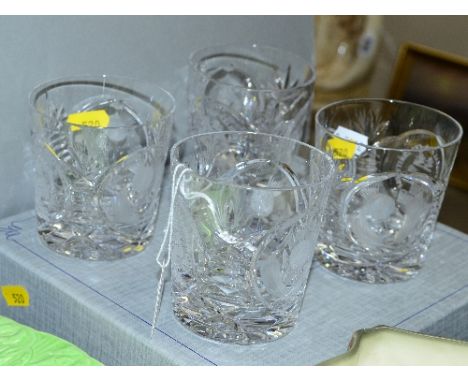 FOUR CUT GLASS TUMBLERS, for International Pro Celebrity Golf Whyte & Mackay Scotch Trophy, with Stuart crystal box