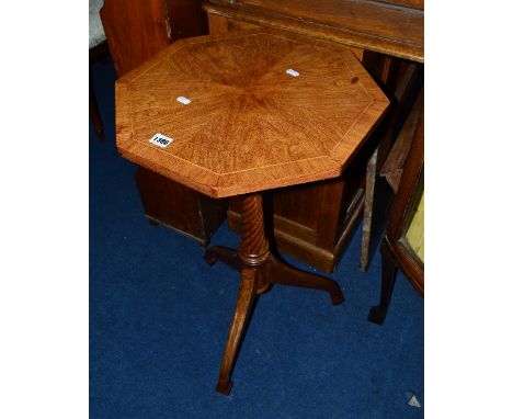 A REPRODUCTION WALNUT AND BRASS INLAID OCTAGONAL TRIPOD TABLE, on a barley twist support